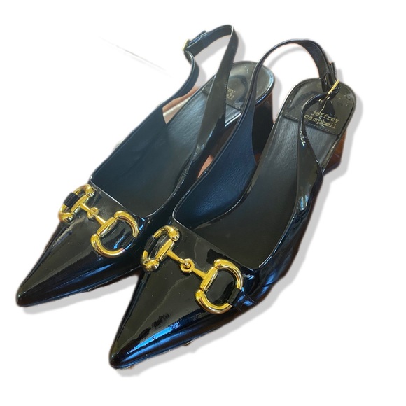 Jeffrey Campbell Black Patent Chunk Heels Sling Back with Gold Horse Detail sz9 - Picture 1 of 6